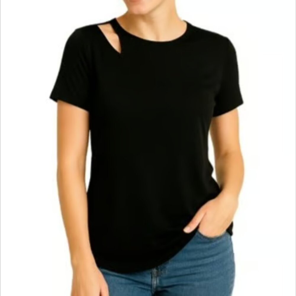INC Cutout Cold Shoulder Black T-Shirt Short Sleeve Casual Top Large Blouse LG
